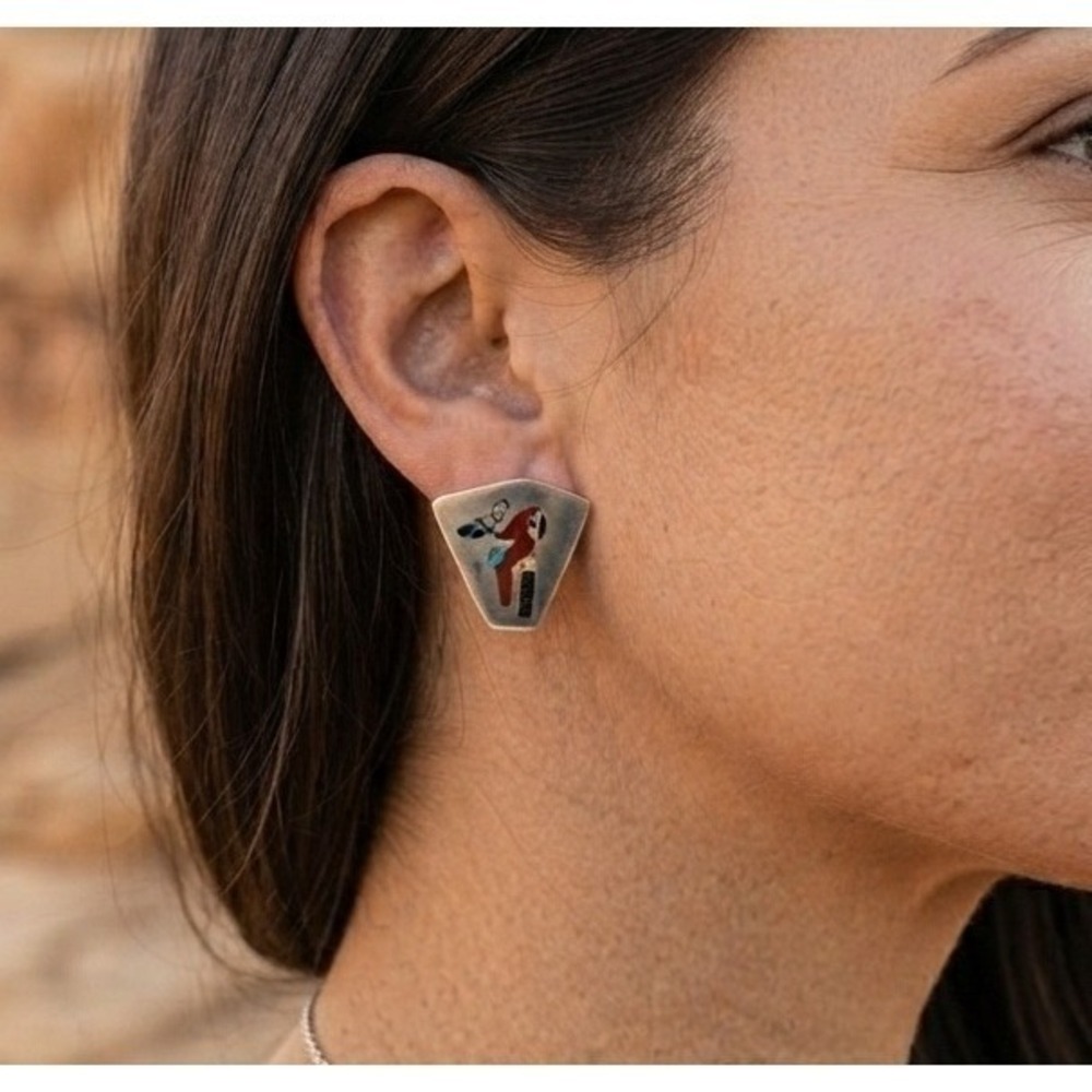 Zuni Handmade Sterling Silver Inlay Parrot Stud Earrings NA Jewelry** - Picture 4 of 7